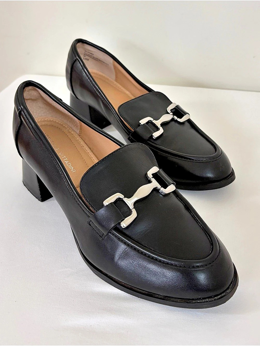 Adrienne Vittadini Black Leather Horsebit Block Heel Loafer Pump Size 10